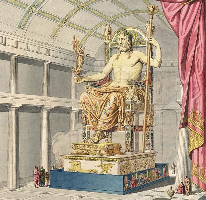 A Esttua de Zeus em Olmpia, erguida no Templo de Zeus, era uma das Sete Maravilhas do Mundo Antigo.