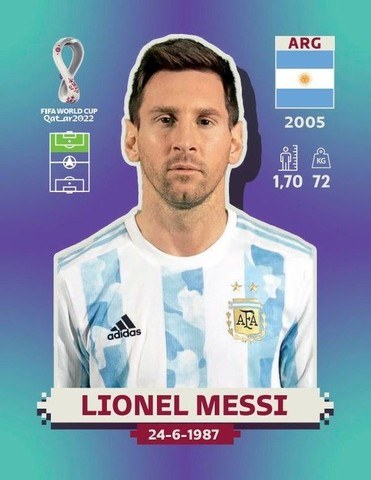 Figurinha de Lionel Messi - Jogador da Seleo Argentina na Copa do Mundo de Futebol de 2022 no Catar (Qatar) - Foto: Panini/Divulgao