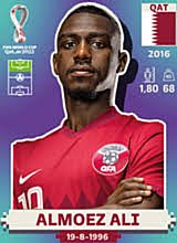 Figurinha de Almoez Ali - Jogador da Seleo Catariana na Copa do Mundo de Futebol de 2022 no Catar (Qatar) - Foto: Panini/Divulgao