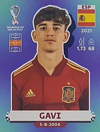 Figurinha de Gavi - Jogador da Seleo da Espanha na Copa do Mundo de Futebol de 2022 no Catar (Qatar) - Foto: Panini/Divulgao