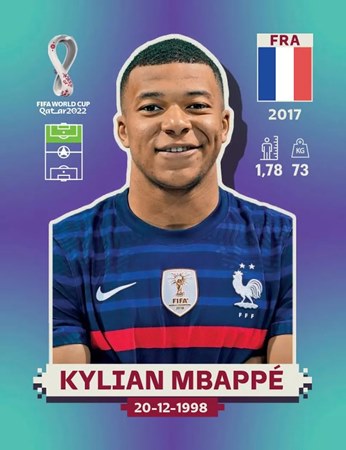 Figurinha de Kylian Mbapp - Jogador da Seleo Francesa na Copa do Mundo de Futebol de 2022 no Catar (Qatar) - Foto: Panini/Divulgao