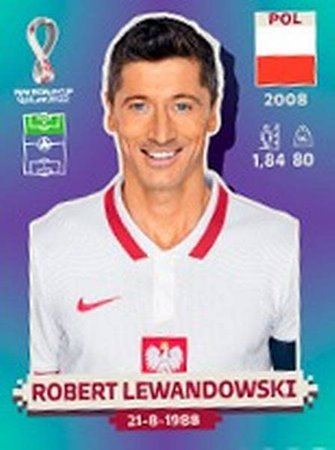 Figurinha de Robert Lewandowski - Jogador da Seleo Polonesa na Copa do Mundo de Futebol de 2022 no Catar (Qatar) - Foto: Panini/Divulgao