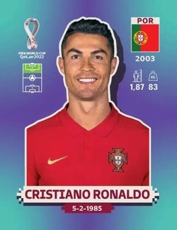 Figurinha de Cristiano Ronaldo - Jogador da Seleo Portuguesa na Copa do Mundo de Futebol de 2022 no Catar (Qatar) - Foto: Panini/Divulgao