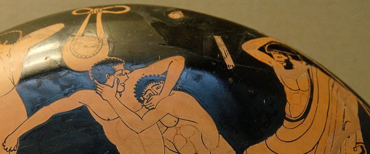 Detalhe de uma copa usada para se beber vinho na Grcia Antiga representanto uma luta do Jogos Olmpicos da Antiguidade.